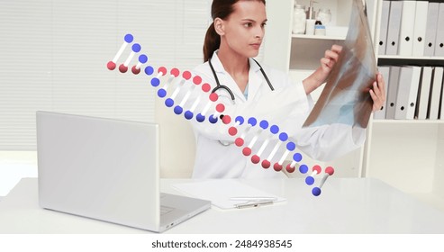 Image of dna structure against caucasian female doctor examining x-ray report at hospital. Medical healthcare and technology concept - Powered by Shutterstock