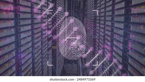 Image of dna structure spinning over biometric fingerprint scanner against computer server room. Cyber security and business data storage technology concept