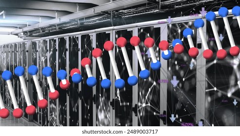 Image of dna structure spinning over network of connections against computer server room. Medical research and business data storage technology concept