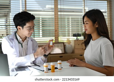 Image Of Doctor Explaining Medicine Dosage To O Patient. Medicine, Healthcare And People Concept