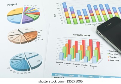 Image of document with Business graph printed on the white paper and i-phone mobile