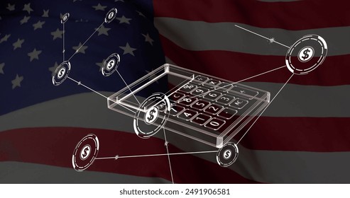 Image of dollar symbol and calculator over flag of usa. Global finance, business, connections, computing and data processing concept digitally generated image.