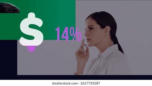 Image of dollar symbol with growing number over caucasian woman. global business, data processing and digital interface concept digitally generated image.