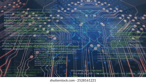 Image of dots forming circuit board pattern over programming language against blue background. Digitally generated, hologram, coding, machine learning, abstract and technology concept.