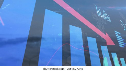 Image of downward red arrow and graphs processing data over landscape. Data, digital interface, business, decline, connection, processing and global communication, digitally generated image.