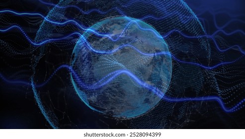 Image of dynamic wave pattern and dots around globe over abstract background. Digitally generated, hologram, illustration, globalization, data, connection, futuristic and technology concept.