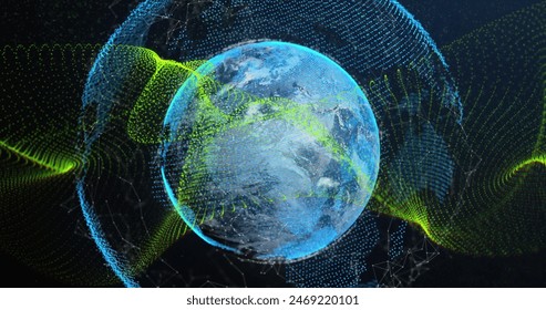 Image of dynamic waves over connected dots around globe against abstract background. Digitally generated, hologram, illustration, data, connection, communication, globalization, technology. - Powered by Shutterstock