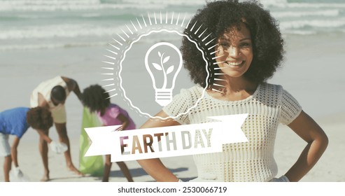 Image of earth day text over happy african american family picking waste on sunny beach. healthy and active beach holiday concept digitally generated image. - Powered by Shutterstock