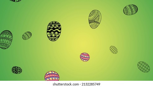 Image of easter eggs falling on green background. easter sunday and celebration concept digitally generated image.