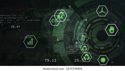 Image of eco icons, computing data processing over scope scanning. Global connections, computing and data processing concept digitally generated image.