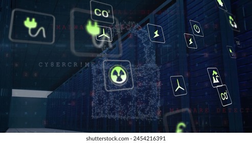 Image of eco icons and data processing over computer servers. Global business, connections, computing and data processing concept digitally generated image.