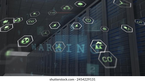 Image of eco icons and data processing over computer servers. Global business, connections, computing and data processing concept digitally generated image. - Powered by Shutterstock - Get 15% off with code: PIKWIZARD15