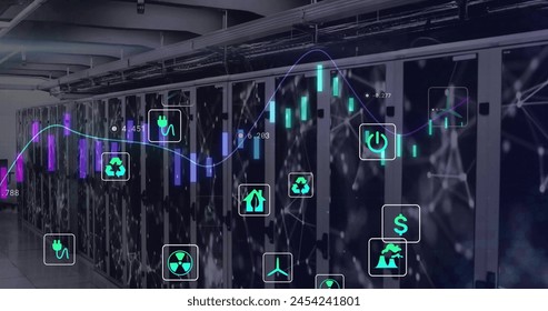 Image of eco icons and data processing over computer servers. Global business, connections, computing and data processing concept digitally generated image.