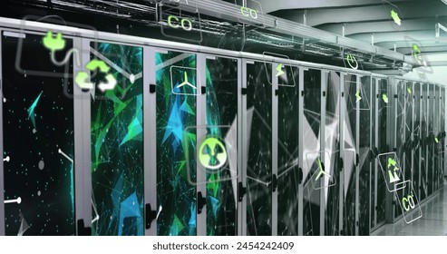 Image of eco icons and data processing over computer servers. Global business, connections, computing and data processing concept digitally generated image.