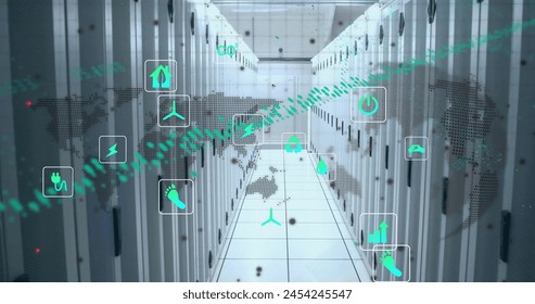 Image of eco icons and data processing over computer servers. Global business, connections, computing and data processing concept digitally generated image.