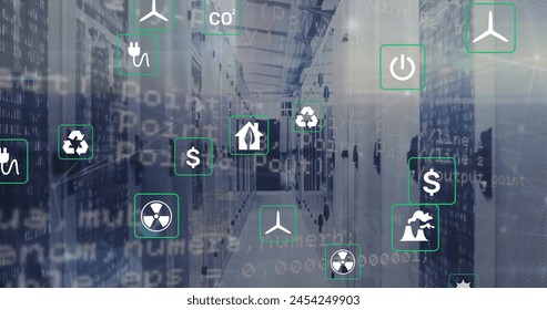 Image of eco icons and data processing over computer servers. Global business, connections, computing and data processing concept digitally generated image.