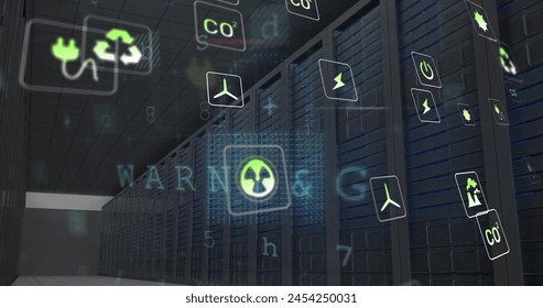 Image of eco icons and data processing over computer servers. Global business, connections, computing and data processing concept digitally generated image.