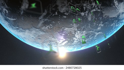 Image of eco icons and data processing over globe. Global connections, business, finances, computing and data processing concept digitally generated image.
