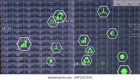 Image of eco icons and data processing over solar panels. Global solar energy, digital interface, finances, computing and data processing concept digitally generated image.