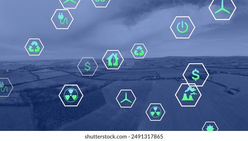 Image of eco icons and data processing over landscape. Global business, digital interface, finances, computing and data processing concept digitally generated image.