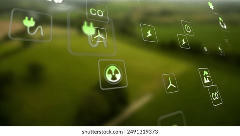 Image of eco icons and data processing over landscape. Global business, digital interface, finances, computing and data processing concept digitally generated image.
