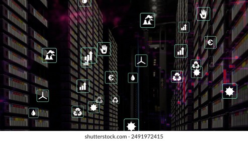 Image of eco icons and data processing over computer servers. Global finance, business, connections, computing and data processing concept digitally generated image.