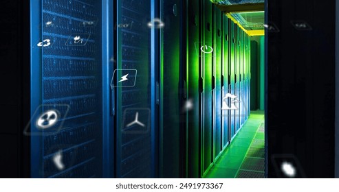 Image of eco icons and data processing over computer servers. Global finance, business, connections, computing and data processing concept digitally generated image. - Powered by Shutterstock