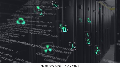 Image of eco icons and data processing over computer servers. Global finance, business, connections, computing and data processing concept digitally generated image.