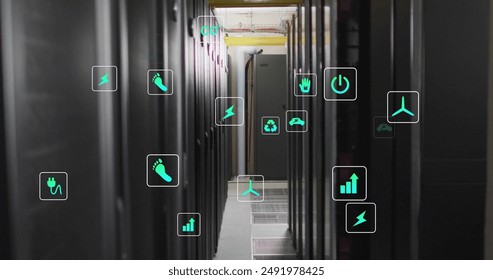 Image of eco icons and data processing over computer servers. Global finance, business, connections, computing and data processing concept digitally generated image.