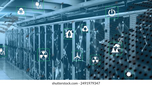 Image of eco icons and data processing over computer servers. Global finance, business, connections, computing and data processing concept digitally generated image.
