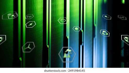 Image of eco icons and data processing over computer servers. Global finance, business, connections, computing and data processing concept digitally generated image.