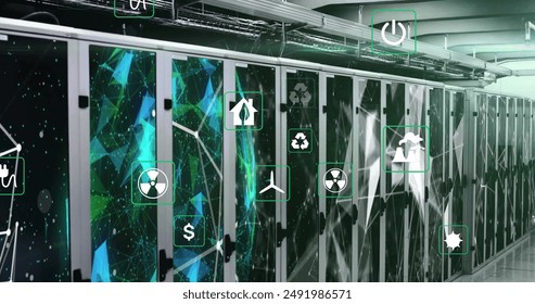 Image of eco icons and data processing over computer servers. Global finance, business, connections, computing and data processing concept digitally generated image.