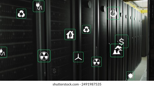 Image of eco icons and data processing over computer servers. Global finance, business, connections, computing and data processing concept digitally generated image.