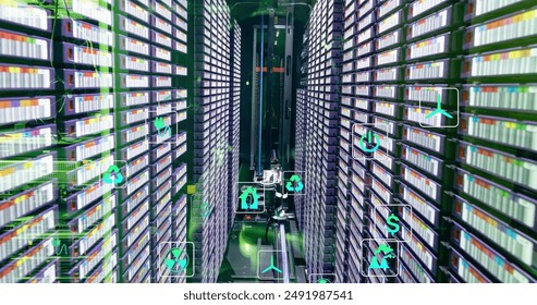 Image of eco icons and data processing over computer servers. Global finance, business, connections, computing and data processing concept digitally generated image.