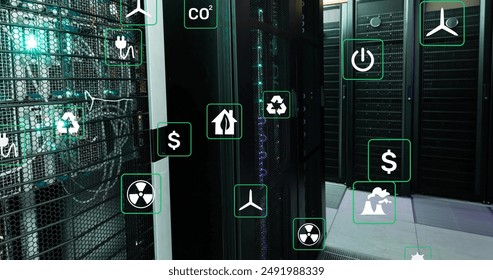 Image of eco icons and data processing over computer servers. Global finance, business, connections, computing and data processing concept digitally generated image.