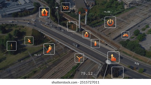 Image of eco icons and data processing over roads. Global environment, finance, business, connections, computing and data processing concept digitally generated image.
