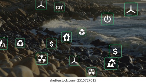 Image of eco icons and data processing over landscape. Global environment, finance, business, connections, computing and data processing concept digitally generated image.