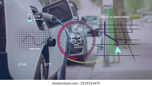 Image of eco icons and data processing over electric car charging. Global green energy, connections, computing and data processing concept digitally generated image. - Powered by Shutterstock - Get 15% off with code: PIKWIZARD15