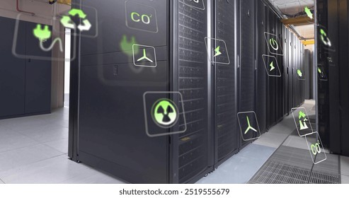 Image of eco icons and data processing over computer servers. Global green energy, connections, computing and data processing concept digitally generated image.