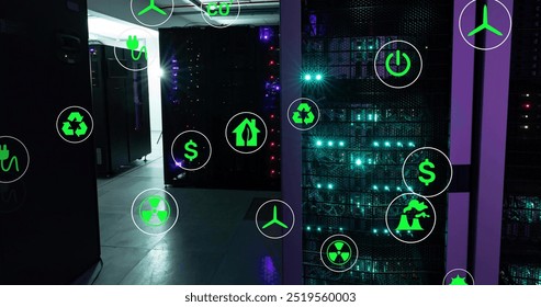 Image of eco icons and data processing over computer servers. Global green energy, connections, computing and data processing concept digitally generated image.