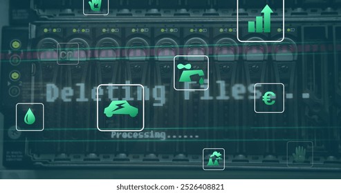 Image of eco icons and data processing over computer servers. Global computing, digital interface and data processing concept digitally generated image.