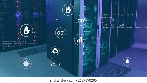 Image of eco icons and data processing over computer servers. Global computing, digital interface and data processing concept digitally generated image.
