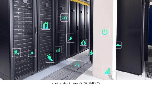 Image of eco icons and data processing over computer servers. Global business, connections, computing and data processing concept digitally generated image.