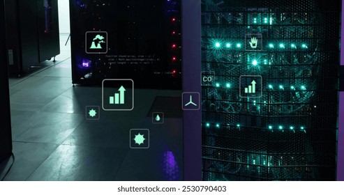 Image of eco icons and data processing over computer servers. Global business, connections, computing and data processing concept digitally generated image.