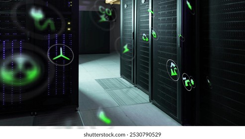 Image of eco icons and data processing over computer servers. Global business, connections, computing and data processing concept digitally generated image.