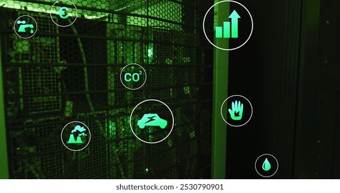 Image of eco icons and data processing over computer servers. Global business, connections, computing and data processing concept digitally generated image.