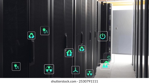 Image of eco icons and data processing over computer servers. Global business, connections, computing and data processing concept digitally generated image.