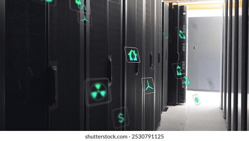 Image of eco icons and data processing over computer servers. Global business, connections, computing and data processing concept digitally generated image.