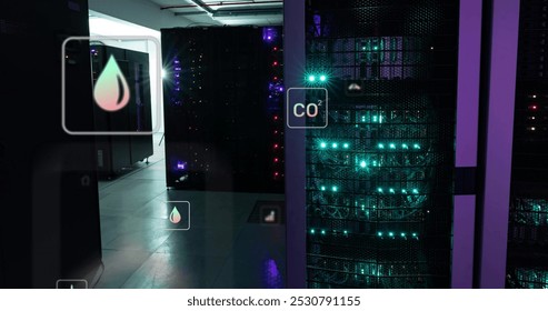 Image of eco icons and data processing over computer servers. Global business, connections, computing and data processing concept digitally generated image.