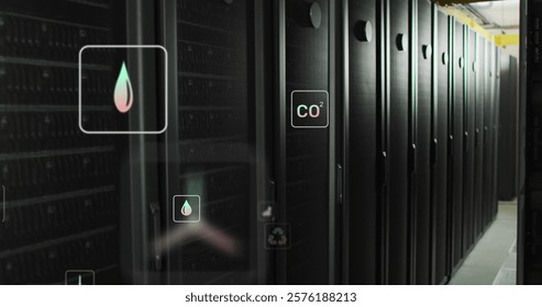 Image of eco icons and data processing over computer servers. Global environment, connections, computing and data processing concept digitally generated image.